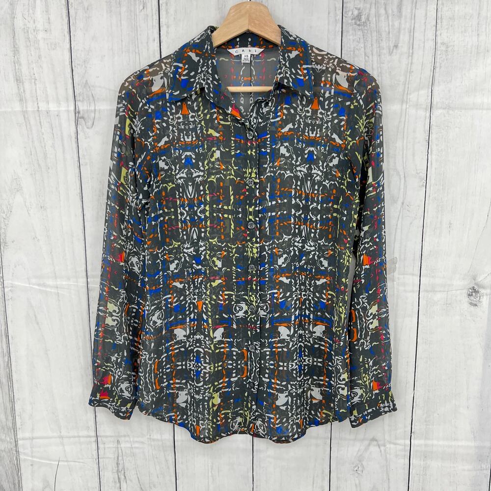 CAbi Gray Blue Geometric Festival Blouse Sheer Button Up Shirt Women's XS 129
